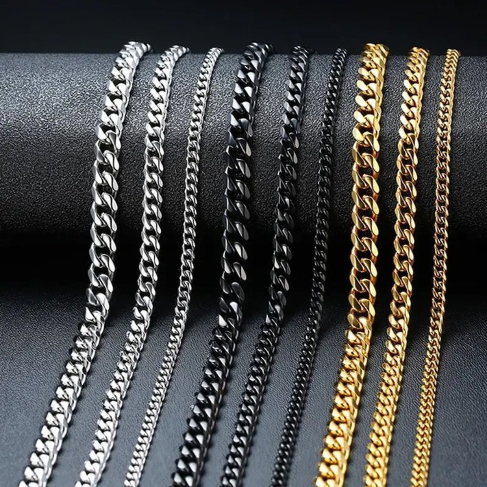 Men's Cuban Link Chain Silver Black Gold, Jewelry For Men 7 mm 23.6 inches